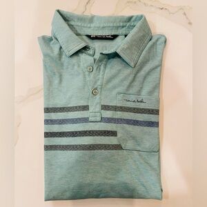 Travis Mathew Green Heather Polo with Grey & Blue Chest Stripes & Front Pocket M